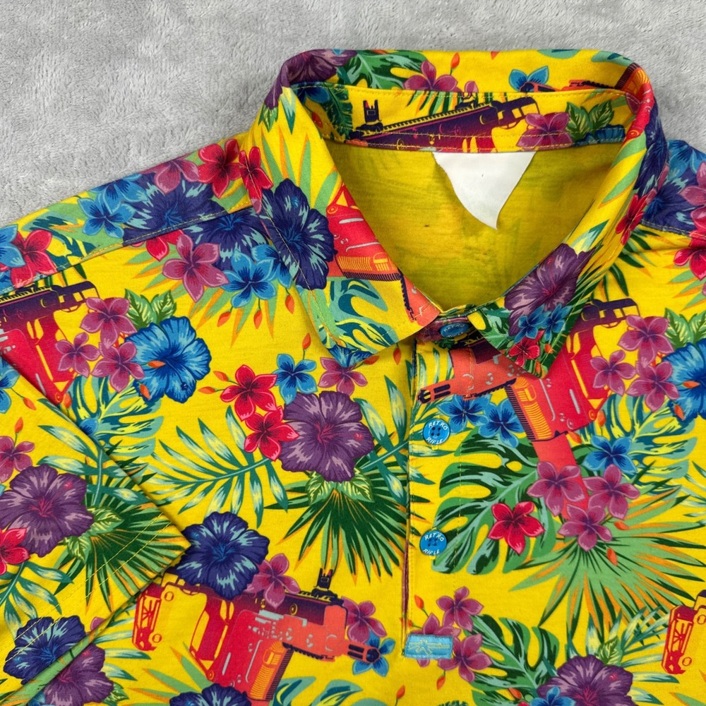 Retro Rifle Polo Shirt Mens Large Yellow Floral Tactical Gun Print Short Sleeve